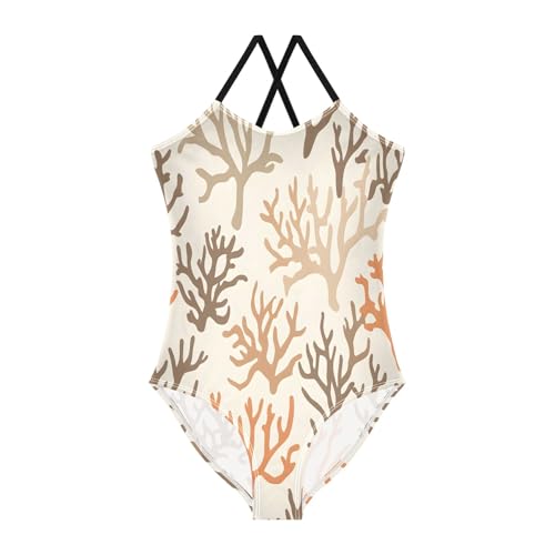 Brown Coral Pattern Girls One-Piece Swimsuit Beach Swim Bathing Suit