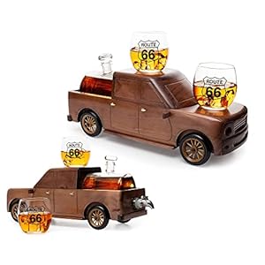 Pickup Truck Wine & Whiskey Decanter Set 500 ml & Two 12 Oz Route 66 Glasses – Gifts for Him, Dad Driver Trucker Gifts, Truck, Whiskey Gifts for Men, Personalized Gifts for Men