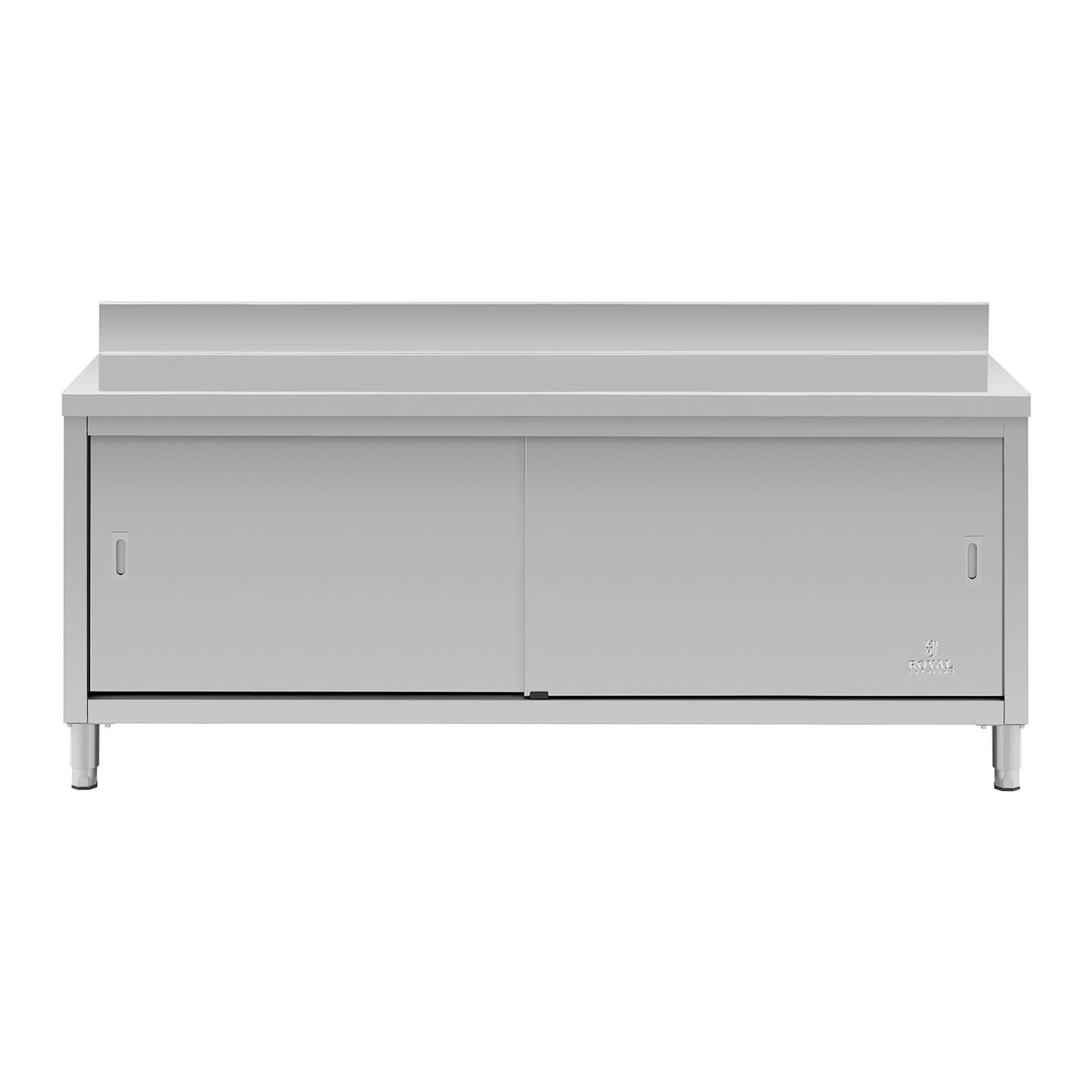 Royal Catering RCSSCB-200X70-E-B Meuble Bas en INOX Plan De Travail Cuisine Armoire avec Portes Coulissantes Adossé avec Dosseret (Capacité de 600 kg, Acier Inoxydable, 1 Tablette)