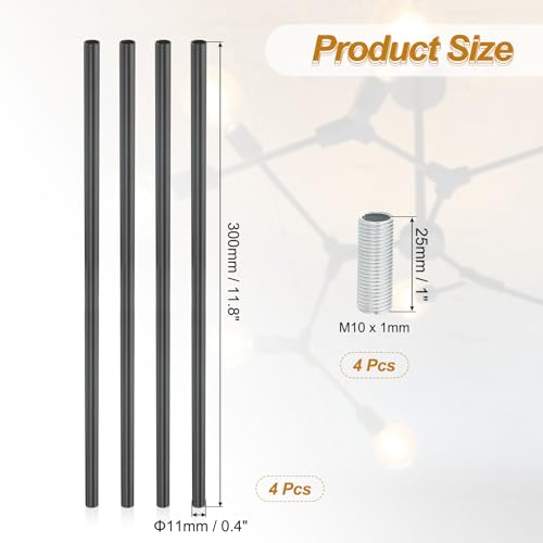 Image of PATIKIL Threaded Extension Rod, 4 Sets 12 inch M10 x 1mm Fine Thread Lamp Pipe with Lamp Pipe Nipples for Pendant Light Island Lighting Chandeliers Stems, Black