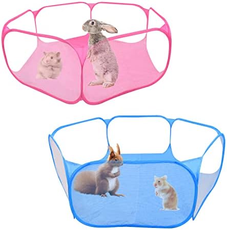Small Animals C&C Cage Tent, 2 Pack Breathable Pet Playpen, Pop Open Outdoor/Indoor Exercise Fence, Portable Yard Fence for Guinea Pig, Rabbits, Hamster, Chinchillas and Hedgehogs (Pink and Blue)