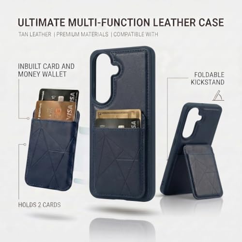 Image of amazon basics Premium Vegan Leather Back Cover with Card Holder and Integrated Mobile Stand for Samsung Galaxy S26 5G - Slim Shockproof Wallet Case with Geometric Stitching [Blue]