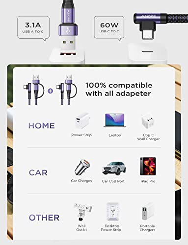 Image of AINOPE USB C Cale for iPhone 16 Charger Cord, 60W 4 in 1 Charging Cable for iPad and USB C Devices, Right Angle Type C Cord Carplay Cable Fit iPhone 16 Pro Series, 2 Pack 6.6Ft Purple