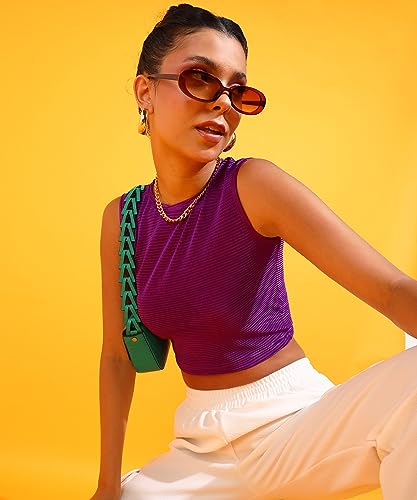 Image of POPWINGS Women Casual Self Design Wrinkle Purple Crop Top Tops for Women | Stylish Tops for Women | Trendy Tops Women