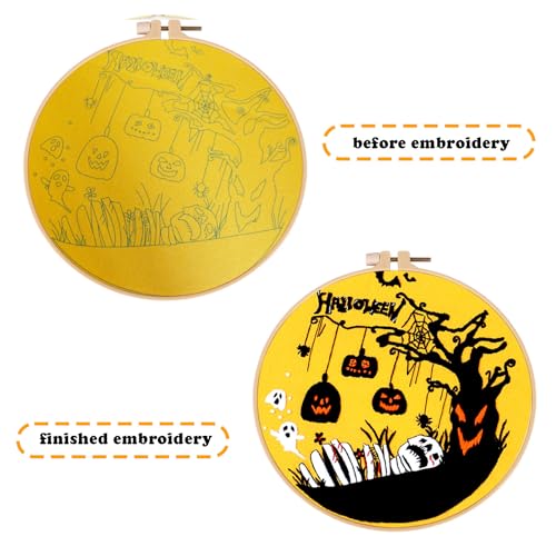 Image of Topapfo Halloween Embroidery Kit with Tutorial, Beginners Adults Embroidery Pattern with Instruction Hoop Threads Needles