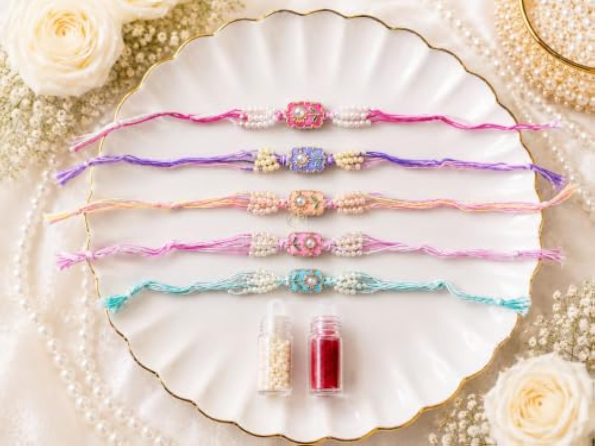 Minimalist Floral Pearl Rakhi Set for Brother & Kids