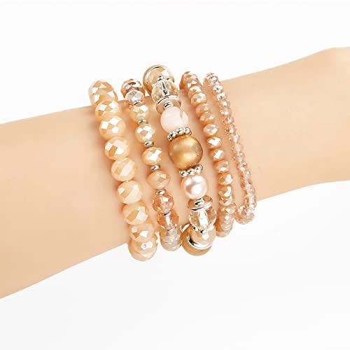 Noessla Beaded Boho Stretch Bracelet Colorful Stackable Crystal Beads Bracelets Trendy Costume Jewelry Mothers Day Gifts For Women (21-Champagne) #TOP2