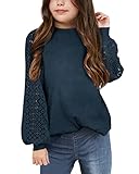Batermoon Girls' Long Sleeve Shirts Lace Loose Fit Casual Crewneck Blouses Tops 5-14 Years Navy Blue