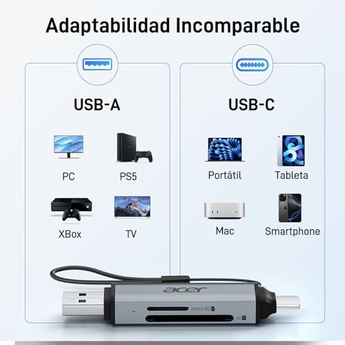 Miniatura 8 de Acer Lector De Tarjetas Sd Micro Sd, Adaptador De Lector Tarjetas Usb C Y Usb 3.0 Dual Conector, Compatible Con Sd Micro Sd Sdhc Sdxc Mmc Para Iphone 15 16 Pro Max, Macbook Air Pro, Galaxy S25, Etc.