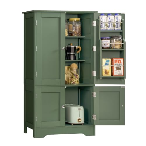 Image of TEENFON 43" H Storage Cabinet with 4 Doors, Kitchen Cabinet with 6 Door Shelves, Kitchen Pantry Cabinets for Living Room, Dining Room, Bathroom, Forest Green