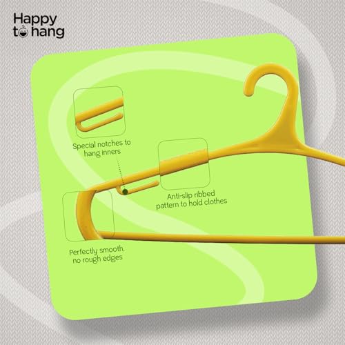 Image of Happy To Hang Teeser Plastic Cloth Hangers | Stylish Italian Design | Hanger Set for Clothes, Tees, Shirts, Sarees & Wardrobe Storage | Almirah Hanger | Pack of 6 (Yellow & Green)