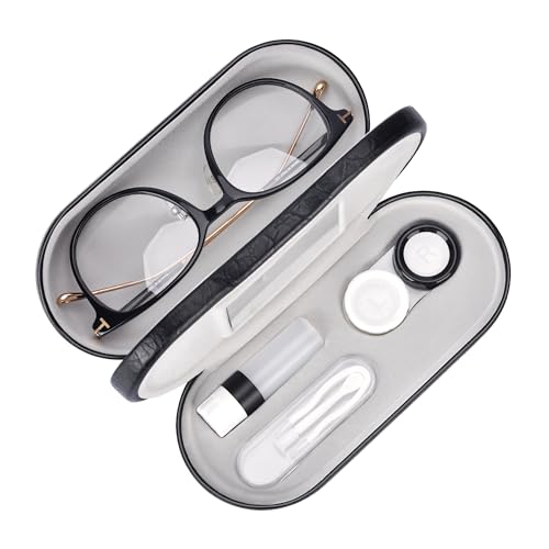 Muf 2 in 1 Contact Lens Case and Glasses Case Double Sided Design with Mirror Portable Travel Kit with Tweezer Remover and Solution Bottle Black 02