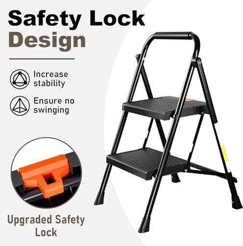 Valeo 2 Step Ladder, 2 Step Ladder for Adults with with Safe-Lock Design, Wide Anti-Slip Pedal, 500lbs Sturdy Steel Ladder, Step Stool Foldable with Cushioned Handle,Black by Valeo - Image 4