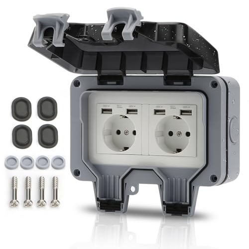 Idota Enchufe exterior IP66 resistente al agua con 2 enchufes para exteriores con puertos USB, enchufe de pared para jardín con tapa abatible para interior y exterior