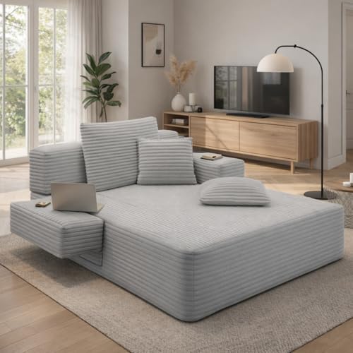 Trygoal Oversized Boneless Chaise Sofa Bed, Corduroy Chaise Lounge Chair Indoor with Storage Pockets, Upholstered Cloud Sleeper Chair Bed for Small Space, Living Room, Bedroom, Apartment, Light Grey by Trygoal - Used condition - US$245.52