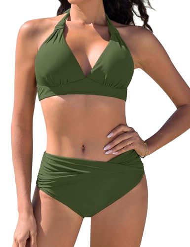 Vijamiy Costume Donna Due Pezzi Costumi da Bagno Bikini Mare Push Up Bikinis Top Imbottito Reggiseno Costumi(Verde,M)