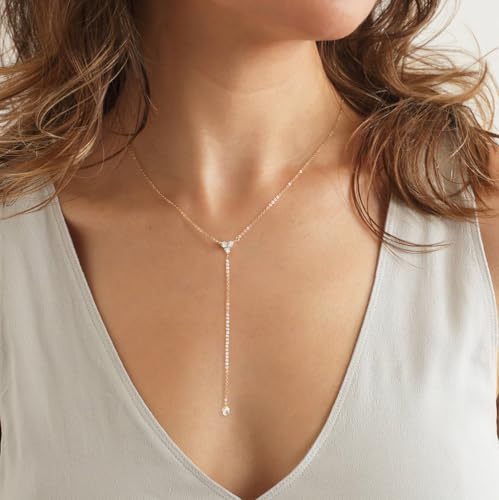 Metzakka Handmade Sterling Silver Lariat Necklace, Simulated Diamond Dainty Drop Y Chain Necklace for Women2