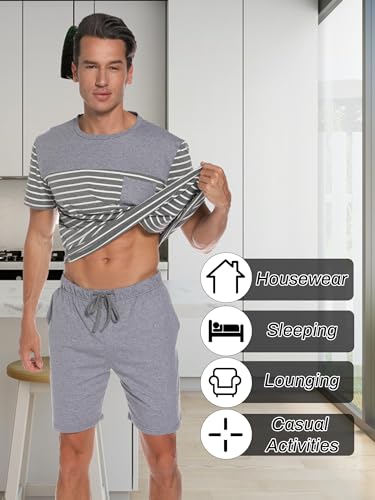 Men's Pajama Set Cotton Pajamas Striped Short Sleeve & Shorts Pjs Sets Sleepwear Summer Lounge Set with Pockets3