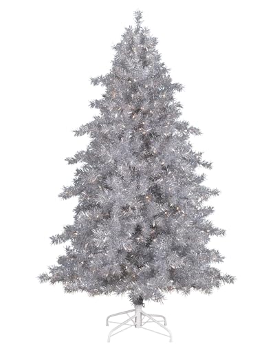 Treetopia Tinkerbell Silver Tinsel 6 Feet Slim, Layered Artificial Prelit Christmas Tree with Clear White Lights, On/Off Foot Pedal and Color - Matched Stand