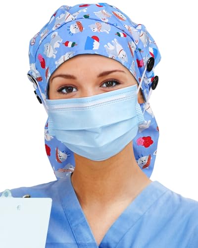 Image of Satin Lined Scrub Cap for Women Extra Large Long Hair Surgical Nurse Cap 4 Buttons
