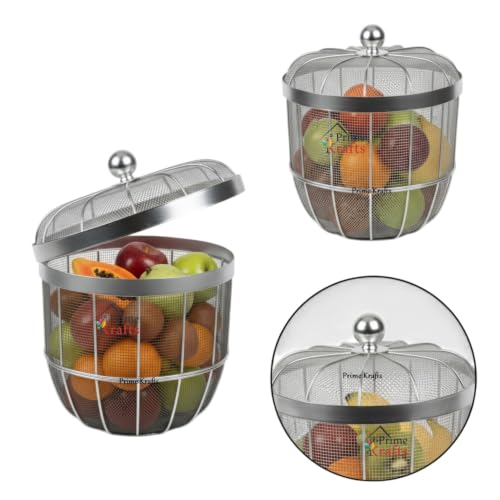 Image of Decorative Insect-Resistant Fruit and Vegetables Basket with Lid | Countertop Mesh (Jaali) Design Fruit Storage Basket for Kitchen, Dining Table, Living Room - Silver