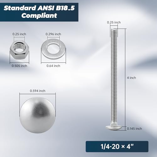 Image of 1 /4-20 x 4 Inch Carriage Bolt Kit, 304 Stainless Steel (18-8) with Hex Nuts & Flat Washers - 10 Sets, Round Head Square Neck, Full Thread Coverage by Glvaner