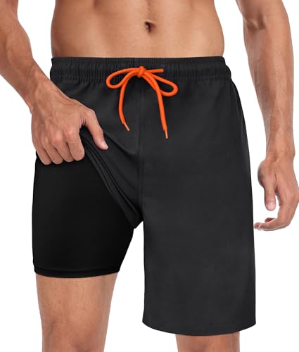 Image of Mens Swim Trunks with Compression Liner 2 in 1 Quick Dry Swimming Shorts Swimwear Bathing Suits with Pockets