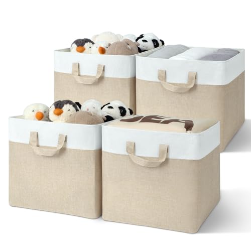 GRANNY SAYS Storage Cubes, 13 Inch Cube Storage Bins with Metal Frame, Collapsible Cube Storage Organizer, Fabric Cubby Bins for Shelves, Closet, Khaki, 4 Pack by GRANNY SAYS - Used condition - US$26.99