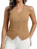 Belle Poque Chaleco de verano para mujer, sin mangas, cuello de solapa, un solo pecho, elegante chaleco de traje con bolsillos, chaleco de traje informal para oficina, caqui, XXL