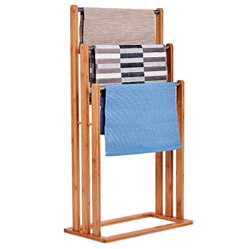 GOPLUS Porte-Serviette sur Pied avec 3 Barres, Support de Serviettes en Bambou, Hauteur Différente et Stable, pour Salle de Bain, 46 x 24 x 84 CM, Naturel