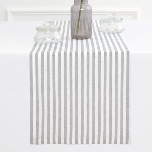 Solino Home 100% Pure Linen Table Runner, 14 x 72 in, Grey and White Stripe