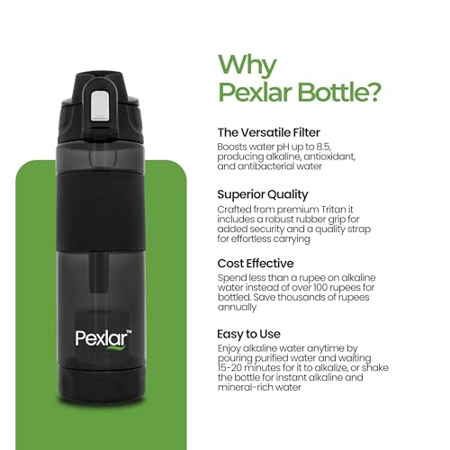 Image of Pexlar Tritan Multi Stage Alkaline Water Filter Bottle | Alkaline Water Generator | Water Bottle with Filter inside | Black | 650 ml | Multirich Mineral Water - BPA Free