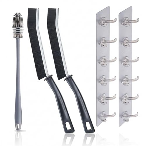 Image of KBS Bottle Cleaning Brush Silicone Long Handle for Water Bottle Containers Vase and Glass Sports Bottle Cleaner for Home and Kitchen Accessories Item (1-BOTTLEBRUSH+2-GAPBRUS+2-HANGER-6-HOOK)