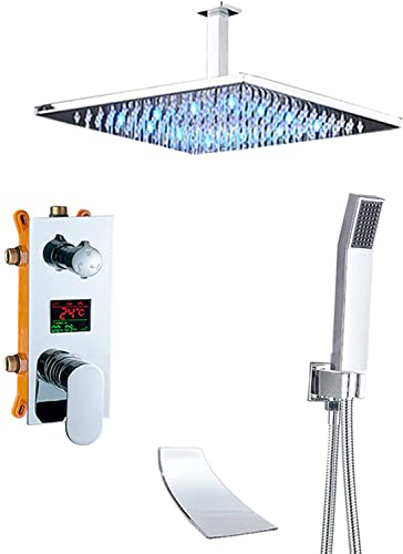 TYHAYJYK Sistema de Ducha con Pantalla de Temperatura, Juego de Grifo de Ducha Oculto, Mezclador de Ducha Cromado con Ducha de Mano y Cabezal de Ducha Tipo Lluvia LED, tecnología Avanzada d