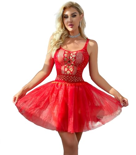 Aucute Abito da donna sexy senza maniche con strass traforati in tulle, perfetto per Natale, San Valentino, ballerina, Rosso, Taglia Unica
