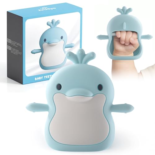 Image of Baby Teething Toys for 3-6 Months Silicone Teething Mittens for Babies Food Grade Silicone Teether (Dolphin Ocean Blue)
