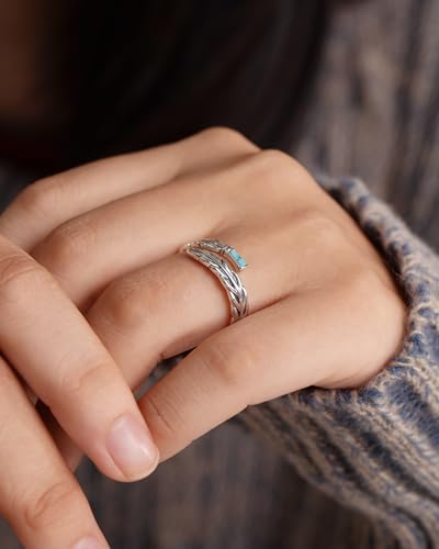 JZSANTI Just Breathe Feather Turquoise Spoon Ring - Adjustable Mood Sterling Silver Hope Thumb Ring for Women, Inspirational Gift with "Just Breathe" Engraving, Jewelry Gift for Women(Turquoise & Feather E, 6# 7# 8# 9#) — view 4