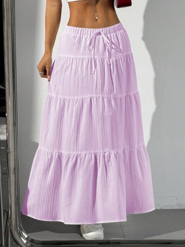 Image of Verdusa Women's Long Maxi Skirt Boho Flowy Flared Ruffle Skirts 2026 Beach Vacation Summer Going Out Outfits