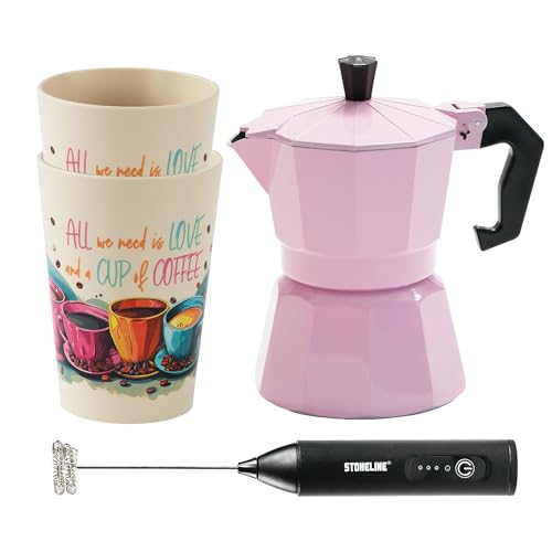 STONELINE Cafetière Moka Induction 170 ml, 4 Tasses, Cafetière Italienne en Fonte d‘Aluminium, Tous Feux dont Induction, Machine Espresso Café Expresso Set avec Gobelets & Mousseur à Lait, Rose