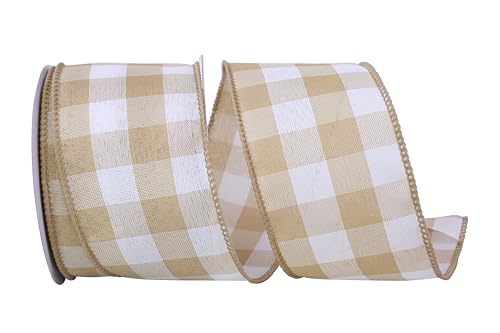 Ribbon - Gingham Terra Large Wired Edge, Beige, 2-1/2 Inch, 10 Yards