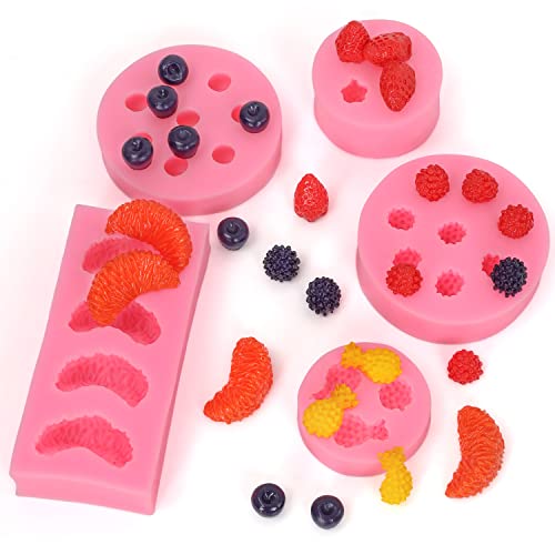 Kurtzy Silicone Patisserie Fruits (Lot de 5) - Moule Silicone 3D Ananas, Orange, Fraise, Myrtille & Mûre - Moule Friture Chocolat Pâques, Bonbon, Gelée & Savon -...
