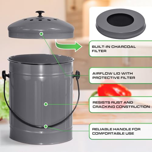 Plexon Countertop Compost Bin Kitchen with Lid, Gray 1.5 Gallon Odorless Container, Steel Food Compost Bucket for Kitchen with Charcoal Filter, Compost Pail for Countertop by Plexon - Image 4