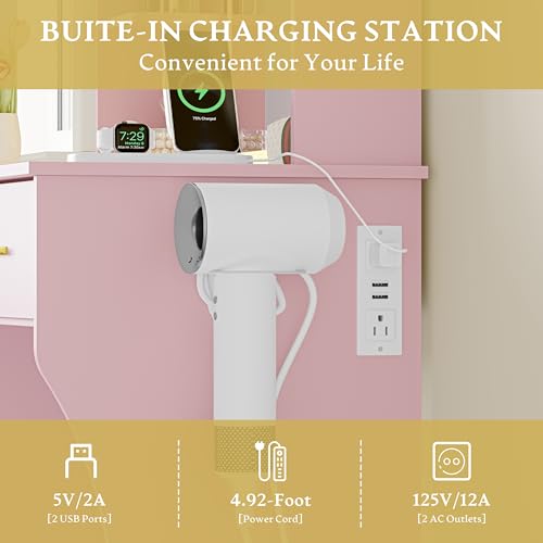 Image of Xixini Vanity Desk with LED Lights Mirror & Power Outlet, Small Makeup Vanity Table Set with Storage Drawers, 3 Lighting Modes & Adjustable Brightness, Dressing Table for Women Girls Bedroom, Pink