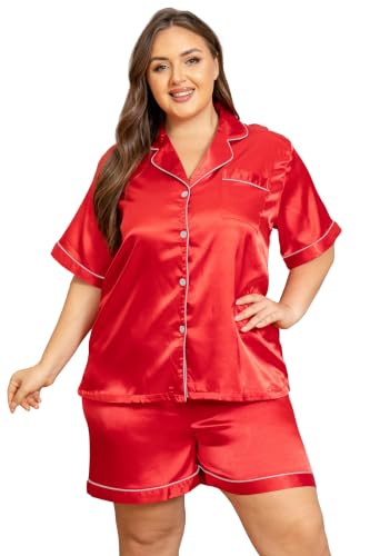 Image of Vozanet Women's Short Sleeve Satin Pajama Sets Silky Ladies Button Down Loungewear Plus Size Nighty Shorts Sets XL to 5XL