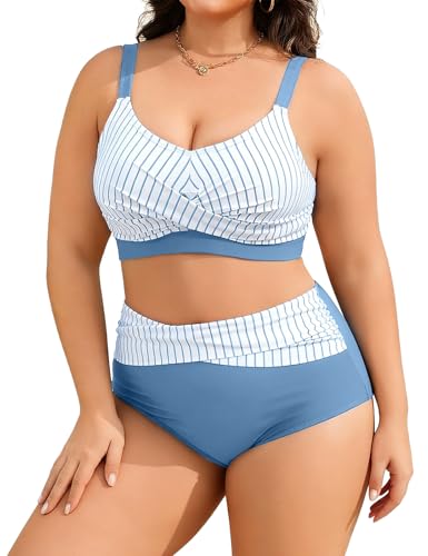 Tuopuda Zestawy bikini w dużych rozmiarach dla kobiet dwuczęściowy top bikini z wysokim stanem dół bikini kontrola brzucha marszczone kostiumy kąpielowe kostium kąpielowy 2-częściowy wyściełany strój