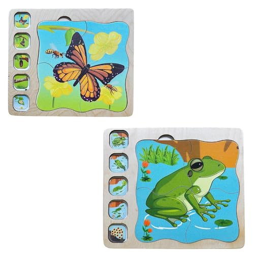 Image of Butterfly Life Cycle Puzzle for Kids, Wooden Puzzle with Layers Showing Butterfly Transformation, Ages 2+ | Frog Life Cycle Layering Puzzle | Combo Pack of 2