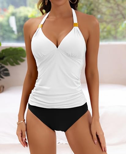 Image of B2prity Halter Tankini Swimsuit for Women Tummy Control Two Piece Bathing Suit V Neck Swimwear with Shorts