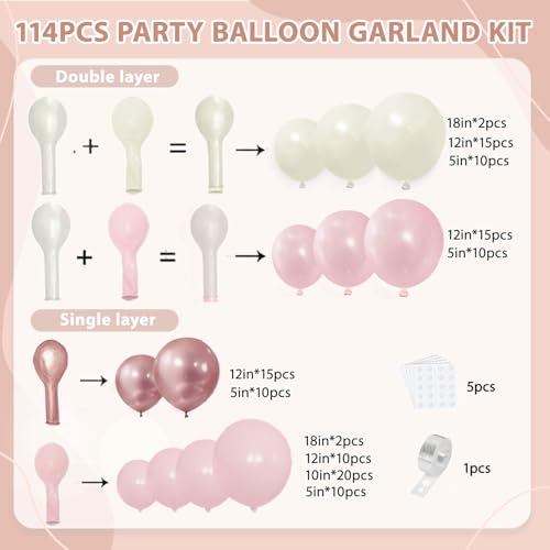 Image of Zesliwy Pink and White Balloons Arch Kit,Double Stuffed Pearl Light Pink Metallic Pink Balloon Sand White Beige Ivory Balloons Garland for Birthday Wedding Valentine's Day Bridal Shower Party Decor