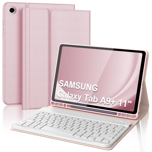Coque Clavier pour Samsung Galaxy Tab A9 Plus/A9+ 11 Pouces, AZERTY Français Housse Clavier Bluetooth Magnétique Détachable avec Porte Crayon pour Samsung Galaxy Tab A9 Plus 11 2023, Rose