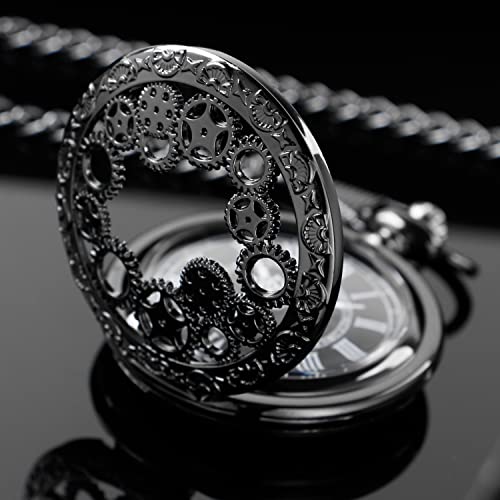 Black Gear Hollow Pattern Pocket Watch Black Roman Numeral Scale Quartz Pocket Watches For Men With Chain Christmas/Graduation/Birthday/Father's Day #TOP5